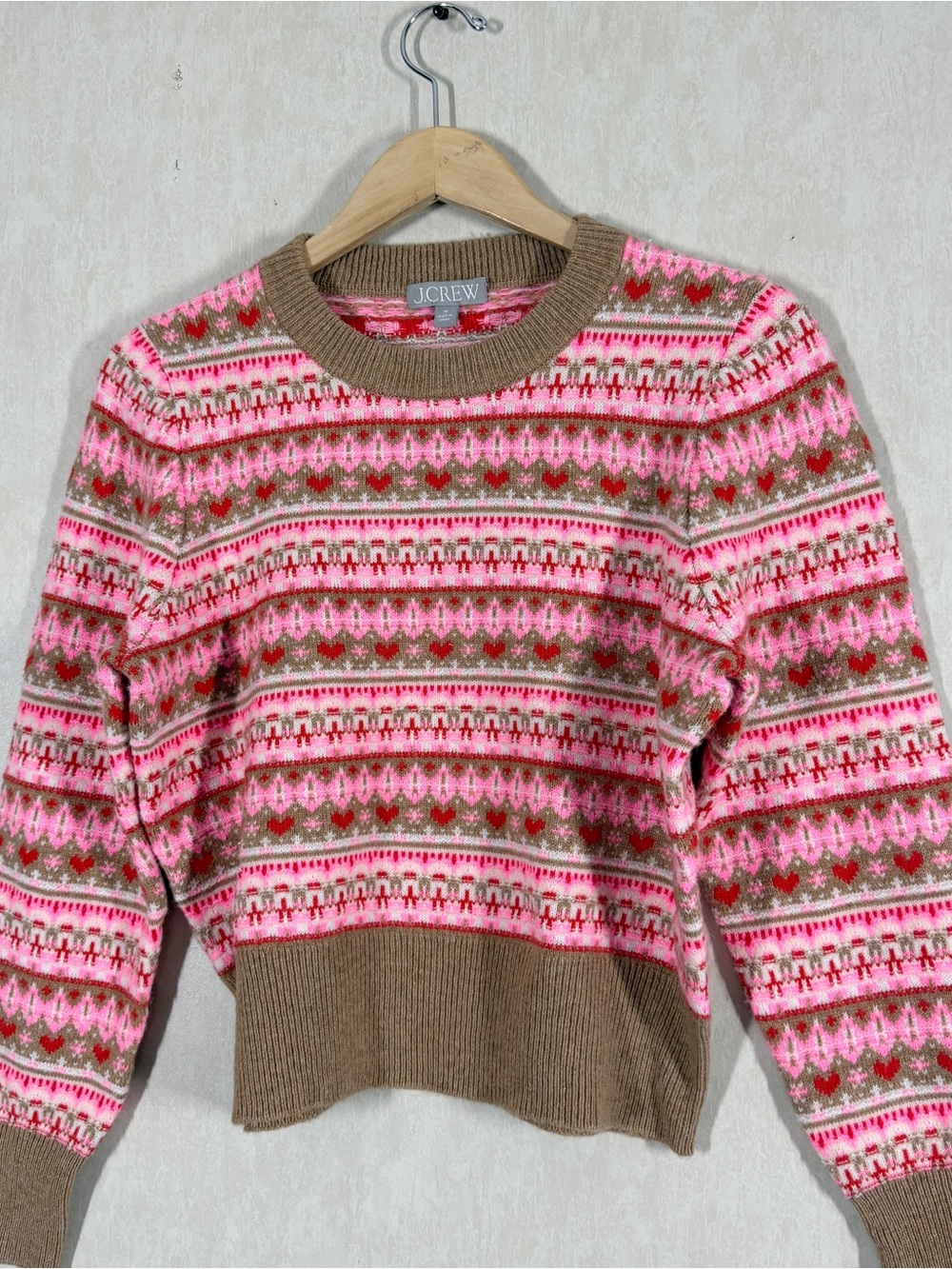NWT J. Crew Shrunken Fair Isle Crewneck Sweater Lambswool Blend in Pink Brown M - Picture 4 of 10